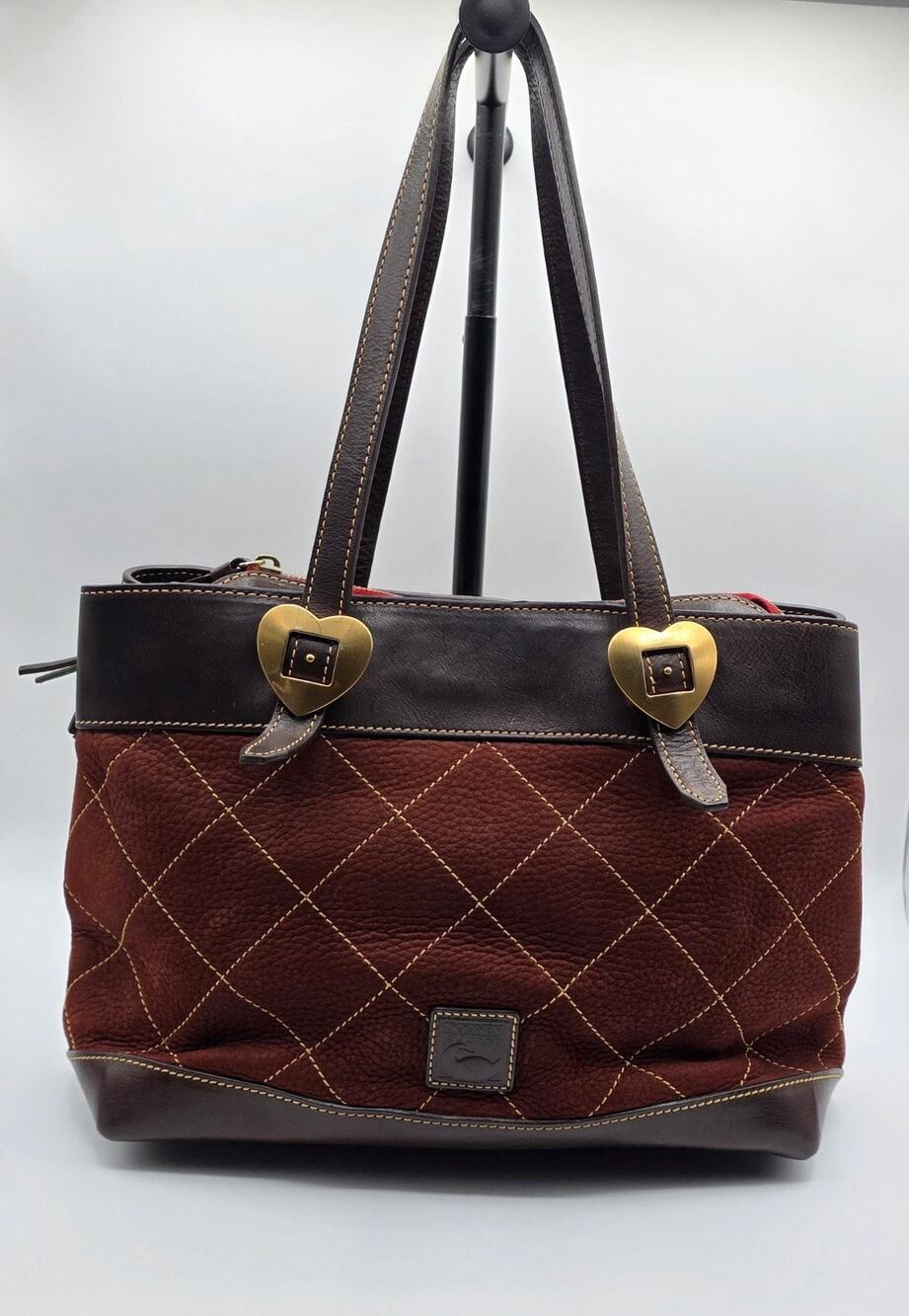 Dooney & Bourke Leather Quilted Tote Brown Red Lined Heart Hardware Tassels